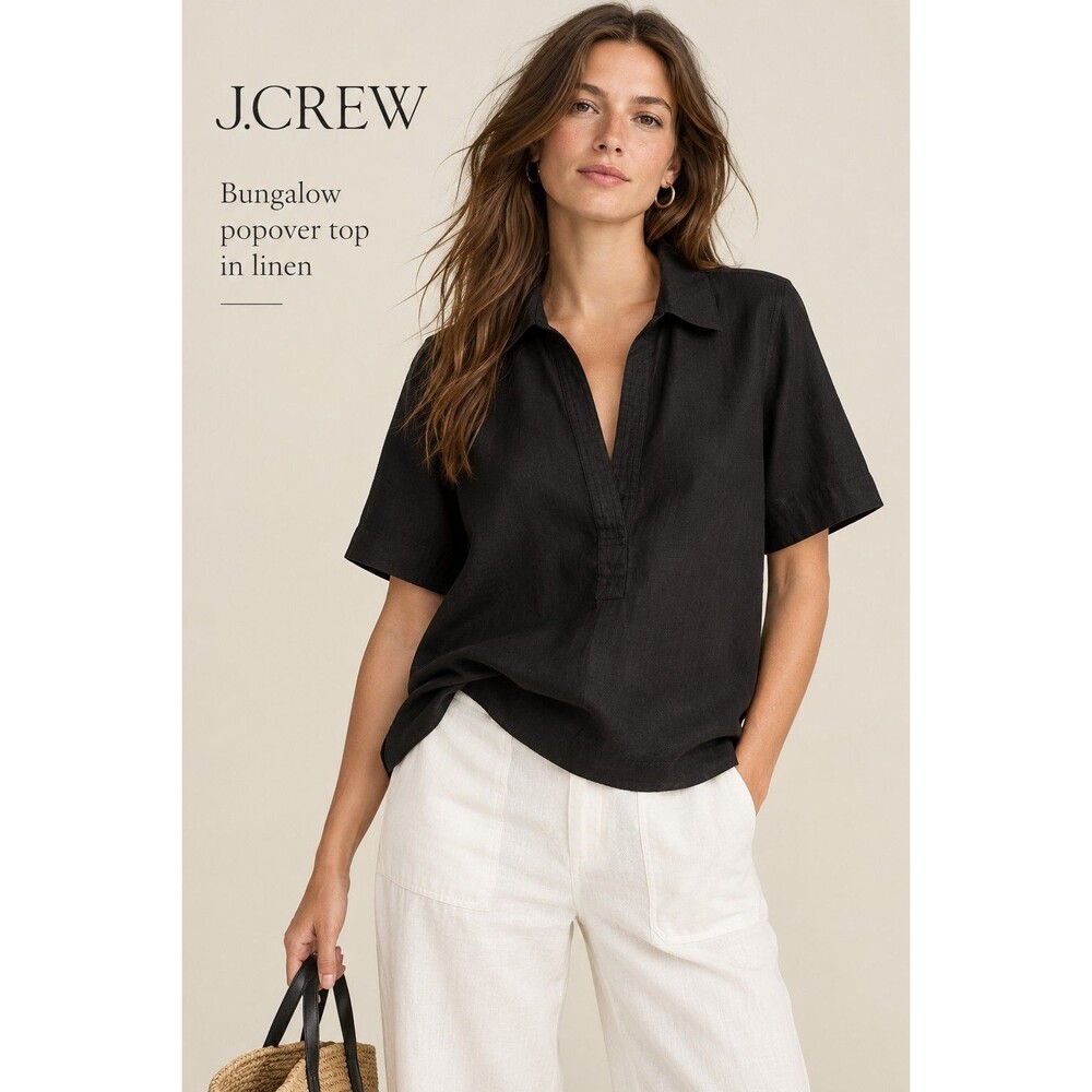J.Crew Bungalow Popover 100% Linen Short Sleeve Split Neck Blouse Black Top Sz L